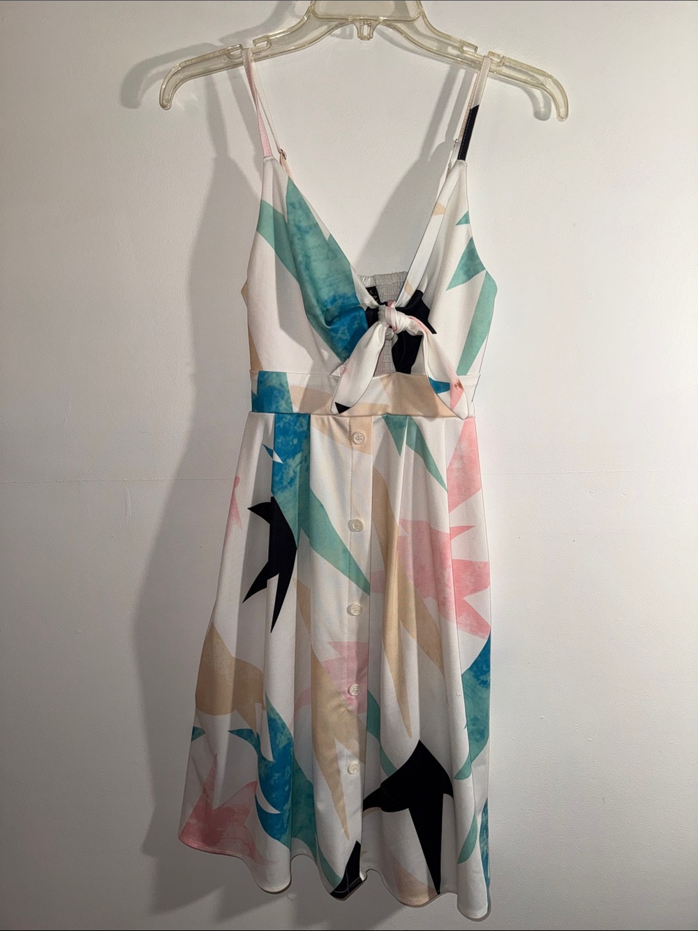 Sleeveless Tie-Front Geometric Print Sundress in Pastel Multi
